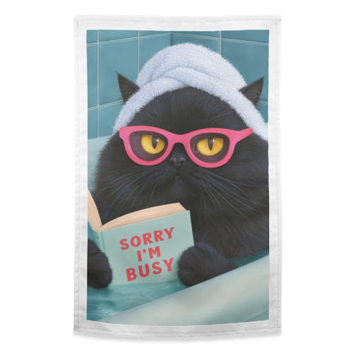 Black cat reading in bath - funny tea towel by DejaReve