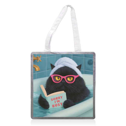 Black cat reading in bath - printed canvas tote bag by DejaReve