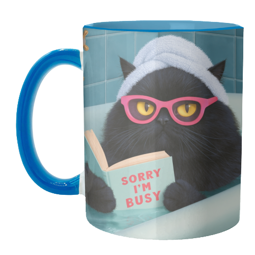 Black cat reading in bath - unique mug by DejaReve