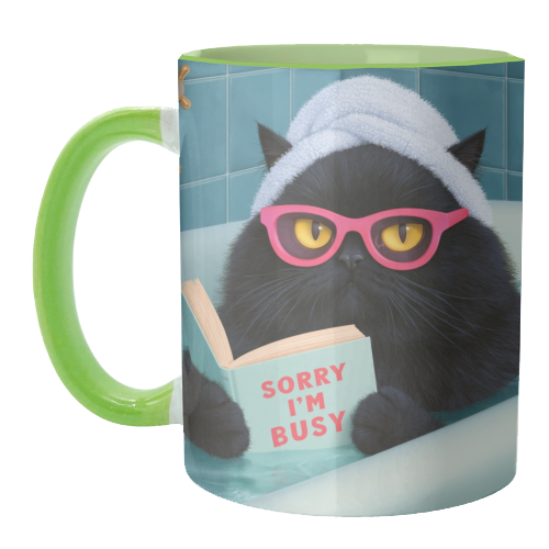 Black cat reading in bath - unique mug by DejaReve