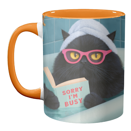 Black cat reading in bath - unique mug by DejaReve