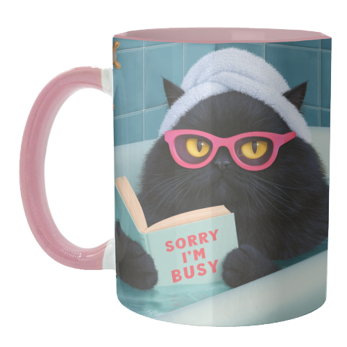 Black cat reading in bath - unique mug by DejaReve