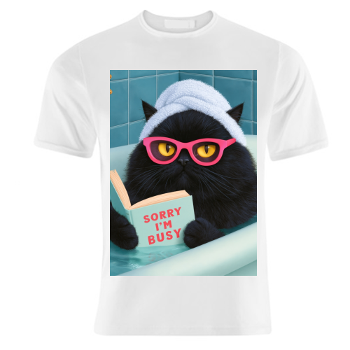 Black cat reading in bath - unique t shirt by DejaReve