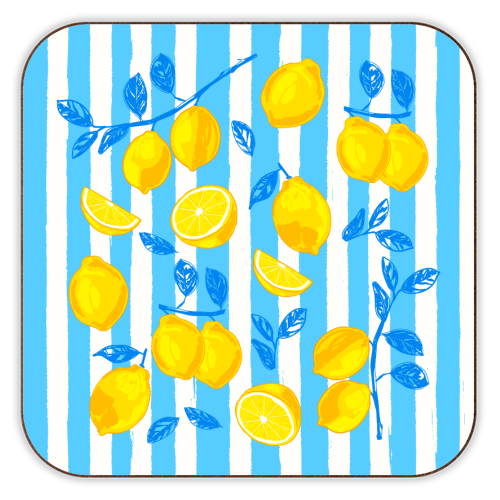 Italian Summer Lemons Pattern Coastal Mediterranean Illustration - personalised beer coaster by EZbie