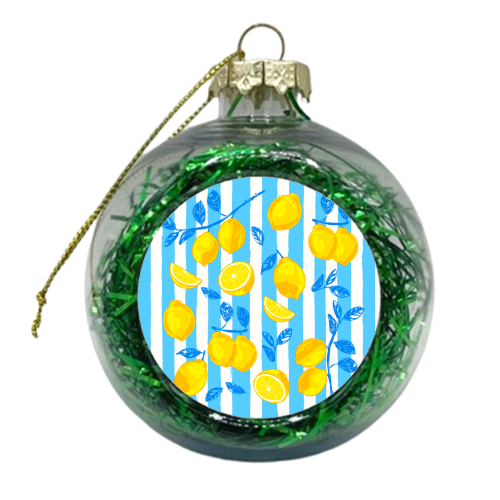 Italian Summer Lemons Pattern Coastal Mediterranean Illustration - xmas bauble by EZbie