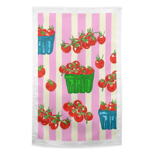 Cherry Tomatoes Euro Summer Aesthetic Stripes Illustration - funny tea towel by EZbie