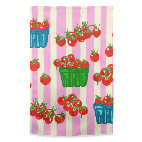 Cherry Tomatoes Euro Summer Aesthetic Stripes Illustration - funny tea towel by EZbie