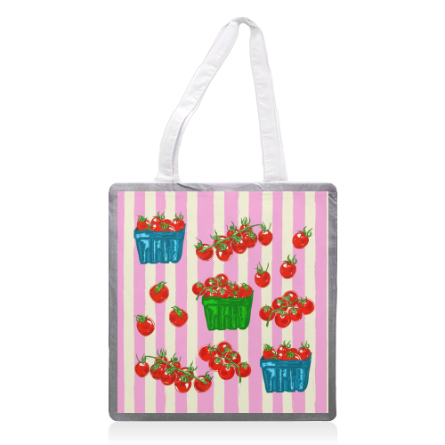 Cherry Tomatoes Euro Summer Aesthetic Stripes Illustration - printed canvas tote bag by EZbie