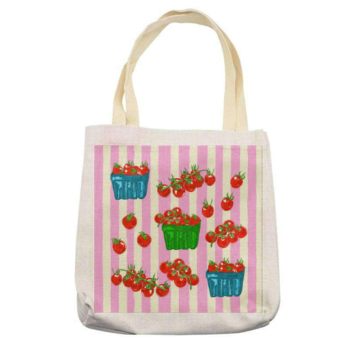 Cherry Tomatoes Euro Summer Aesthetic Stripes Illustration - printed canvas tote bag by EZbie