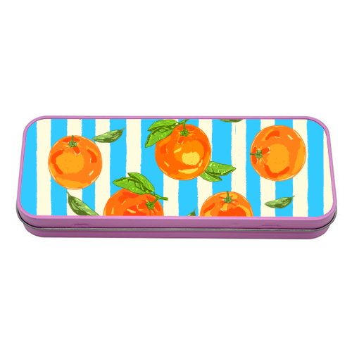Trendy Orange in Stripes Mediterranean Summer Illustration - tin pencil case by EZbie