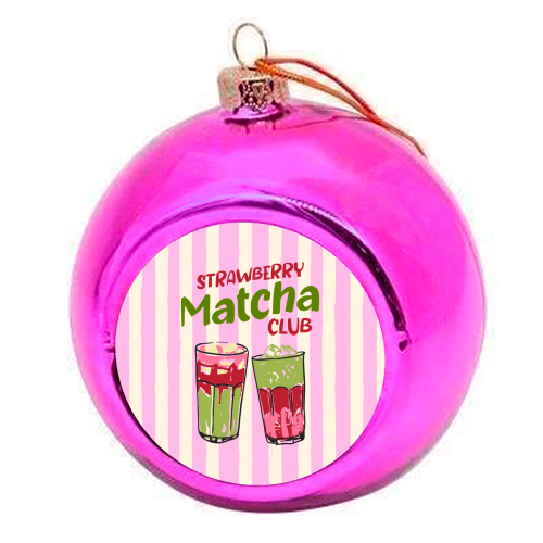 Strawberry Matcha Club Preppy Stripes Illustration - colourful christmas bauble by EZbie