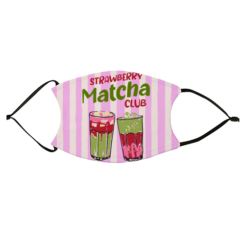 Strawberry Matcha Club Preppy Stripes Illustration - face cover mask by EZbie