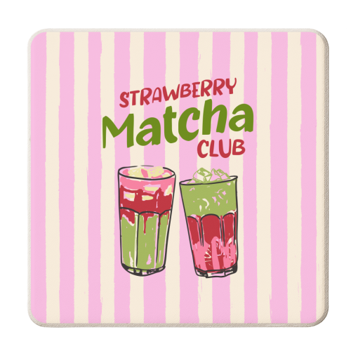 Strawberry Matcha Club Preppy Stripes Illustration - personalised beer coaster by EZbie