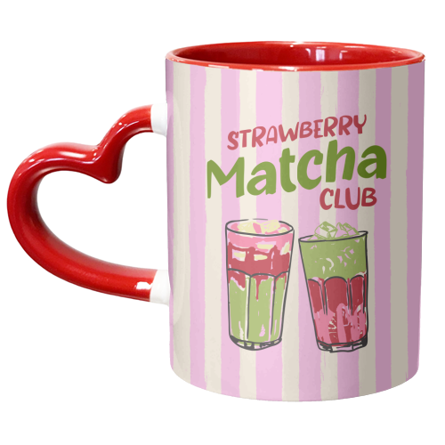 Strawberry Matcha Club Preppy Stripes Illustration - unique mug by EZbie