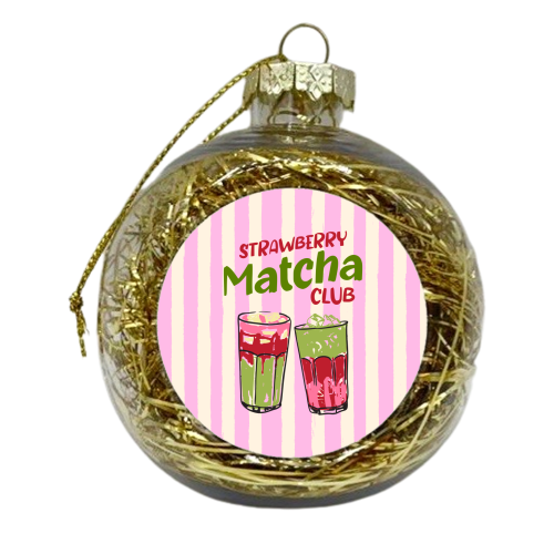 Strawberry Matcha Club Preppy Stripes Illustration - xmas bauble by EZbie