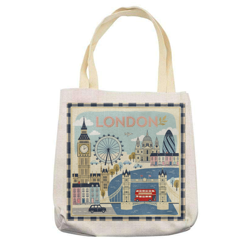 London Landmarks – Charming Vintage Travel Illustration - printed canvas tote bag by haris kavalla