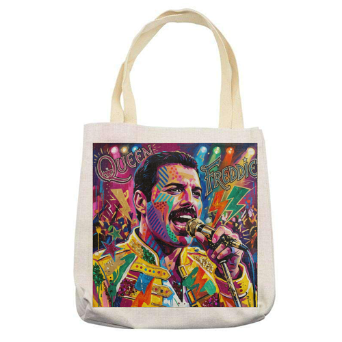 Freddie Mercury Queen Pop Art Portrait – Colorful Graffiti Music Wall Art - printed canvas tote bag by haris kavalla