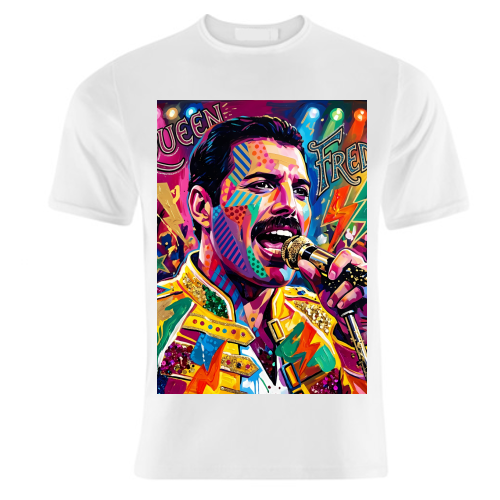 Freddie Mercury Queen Pop Art Portrait – Colorful Graffiti Music Wall Art - unique t shirt by haris kavalla
