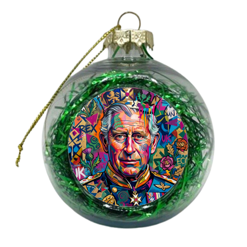 King Charles III Pop Art Portrait – Colorful British Royal Graffiti Wall Art - xmas bauble by haris kavalla