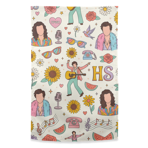 Harry Inspired Pop Art Pattern – TPWK, Sunflowers & Music Icons - funny tea towel by haris kavalla