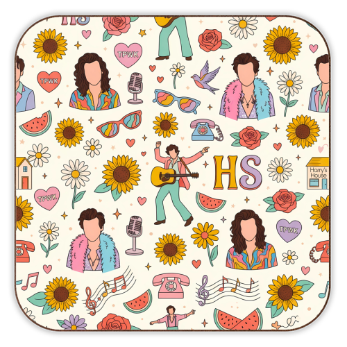 Harry Inspired Pop Art Pattern – TPWK, Sunflowers & Music Icons - personalised beer coaster by haris kavalla