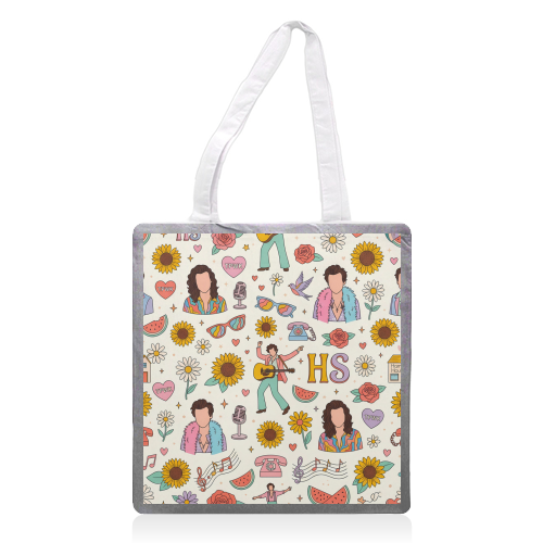Harry Inspired Pop Art Pattern – TPWK, Sunflowers & Music Icons - printed canvas tote bag by haris kavalla