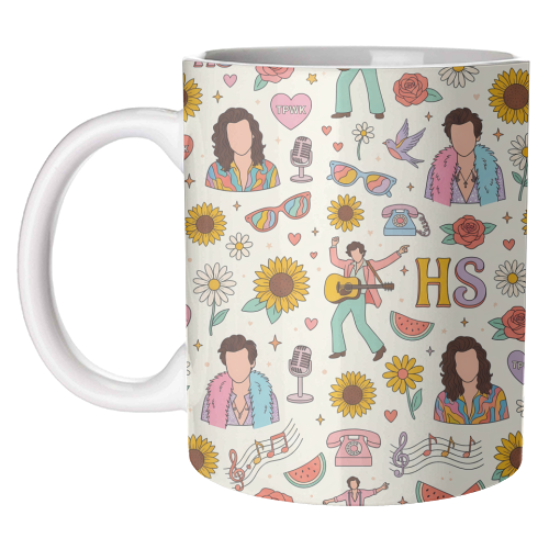 Harry Inspired Pop Art Pattern – TPWK, Sunflowers & Music Icons - unique mug by haris kavalla