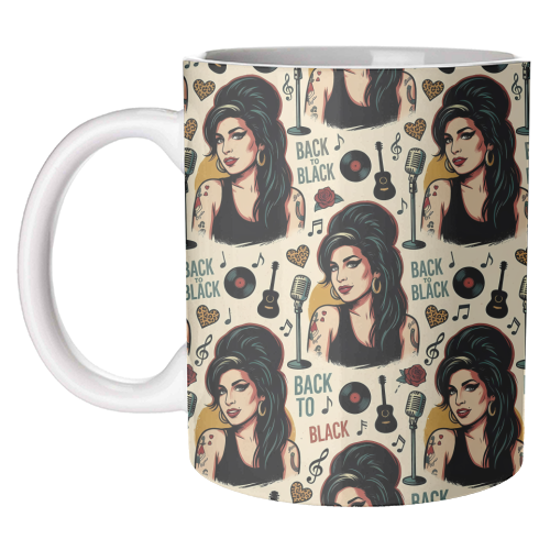 Amy Back to Black Retro Music Pattern - unique mug by haris kavalla