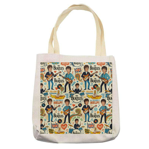 The Beatles Inspired Seamless Pattern | Retro British Rock Music Illustration with Iconic Album Elements - printed canvas tote bag by haris kavalla