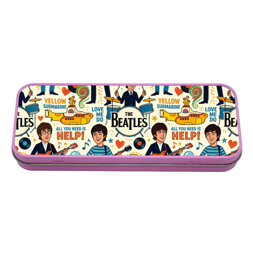 The Beatles Inspired Seamless Pattern | Retro British Rock Music Illustration with Iconic Album Elements - tin pencil case by haris kavalla
