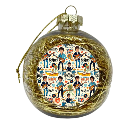 The Beatles Inspired Seamless Pattern | Retro British Rock Music Illustration with Iconic Album Elements - xmas bauble by haris kavalla