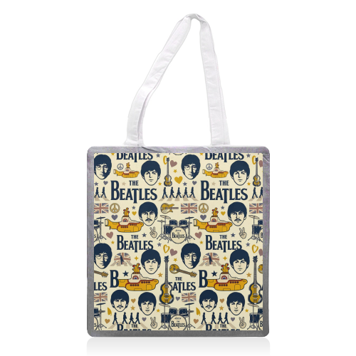 Beatles Retro British Rock Music Illustration - printed canvas tote bag by haris kavalla
