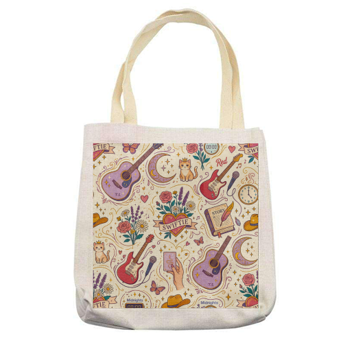 Swiftie Aesthetic Whimsical Music Lover Pattern Art - printed canvas tote bag by haris kavalla
