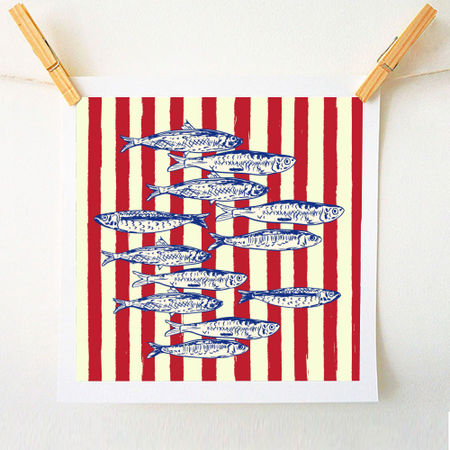 Sardines with Red Stripes Mediterranean Retro Fish - A1 - A4 art print by EZbie