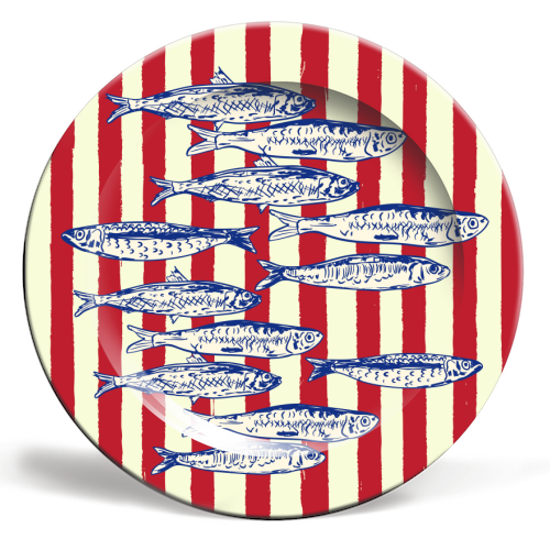 Sardines with Red Stripes Mediterranean Retro Fish - ceramic dinner plate by EZbie