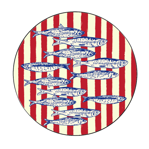 Sardines with Red Stripes Mediterranean Retro Fish - Circle Sticker by EZbie