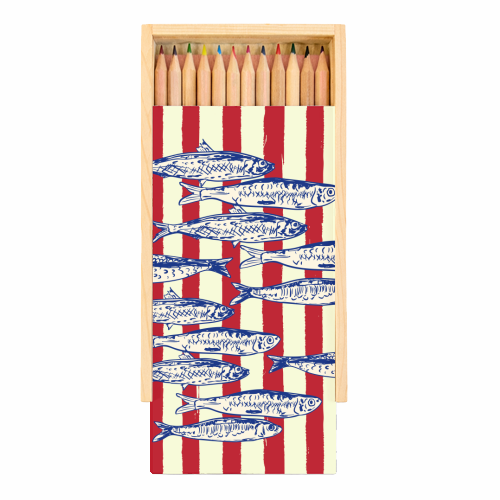 Sardines with Red Stripes Mediterranean Retro Fish - Coloured Pencils with Box by EZbie