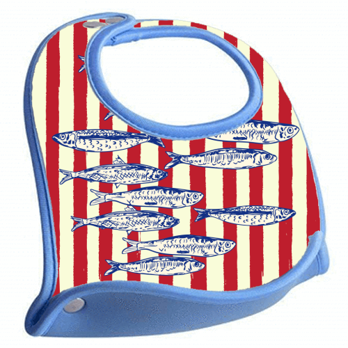 Sardines with Red Stripes Mediterranean Retro Fish - feeding bib by EZbie