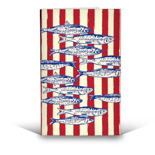 Sardines with Red Stripes Mediterranean Retro Fish - funny greeting card by EZbie