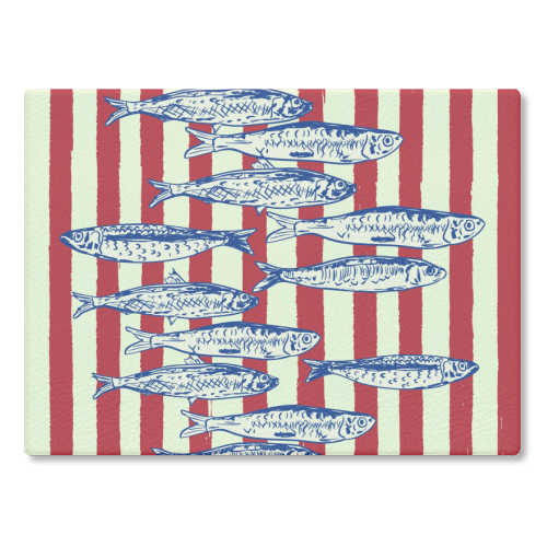 Sardines with Red Stripes Mediterranean Retro Fish - glass chopping board by EZbie