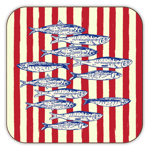 Sardines with Red Stripes Mediterranean Retro Fish - personalised beer coaster by EZbie