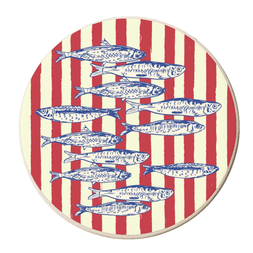Sardines with Red Stripes Mediterranean Retro Fish - personalised beer coaster by EZbie