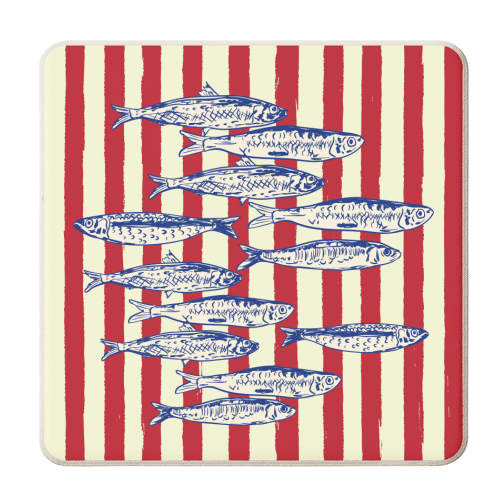 Sardines with Red Stripes Mediterranean Retro Fish - personalised beer coaster by EZbie