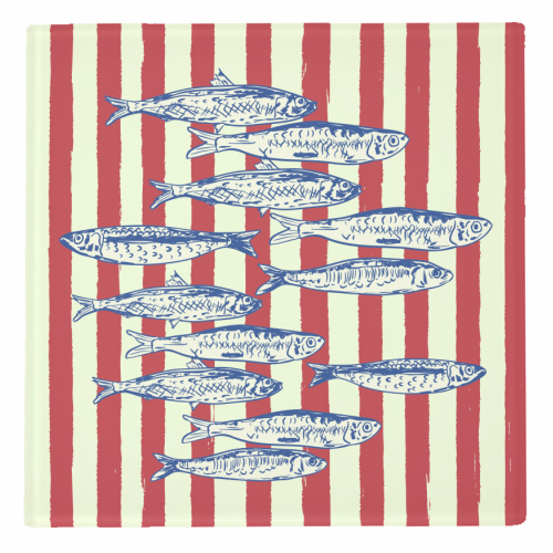 Sardines with Red Stripes Mediterranean Retro Fish - personalised beer coaster by EZbie