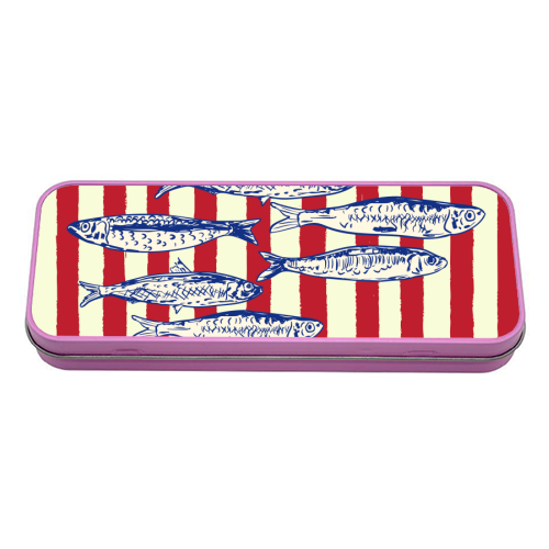 Sardines with Red Stripes Mediterranean Retro Fish - tin pencil case by EZbie
