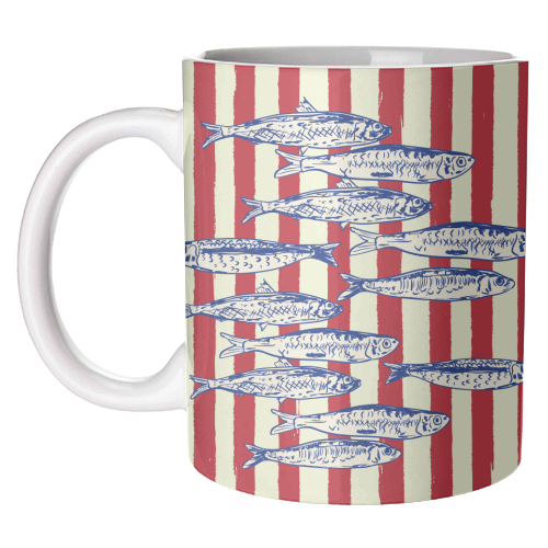 Sardines with Red Stripes Mediterranean Retro Fish - unique mug by EZbie
