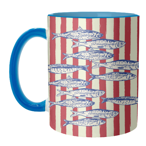 Sardines with Red Stripes Mediterranean Retro Fish - unique mug by EZbie