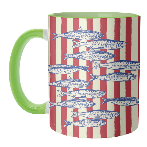 Sardines with Red Stripes Mediterranean Retro Fish - unique mug by EZbie