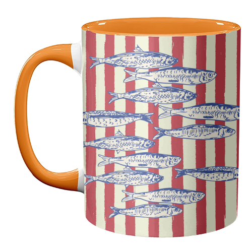 Sardines with Red Stripes Mediterranean Retro Fish - unique mug by EZbie
