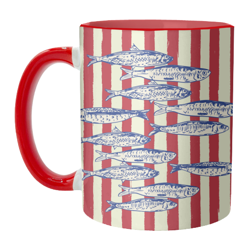 Sardines with Red Stripes Mediterranean Retro Fish - unique mug by EZbie